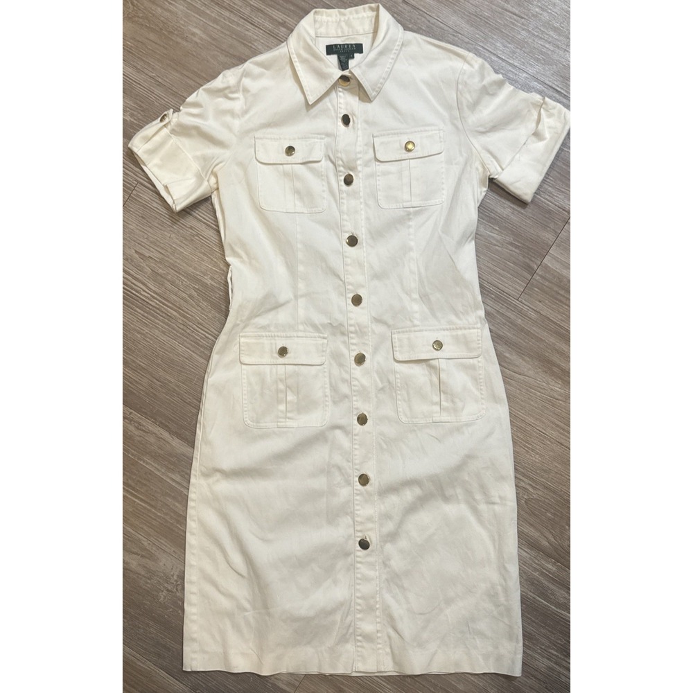 Lauren Ralph Lauren White Denim Short Sleeve Dress Cotton Blend Gold‎ Buttons